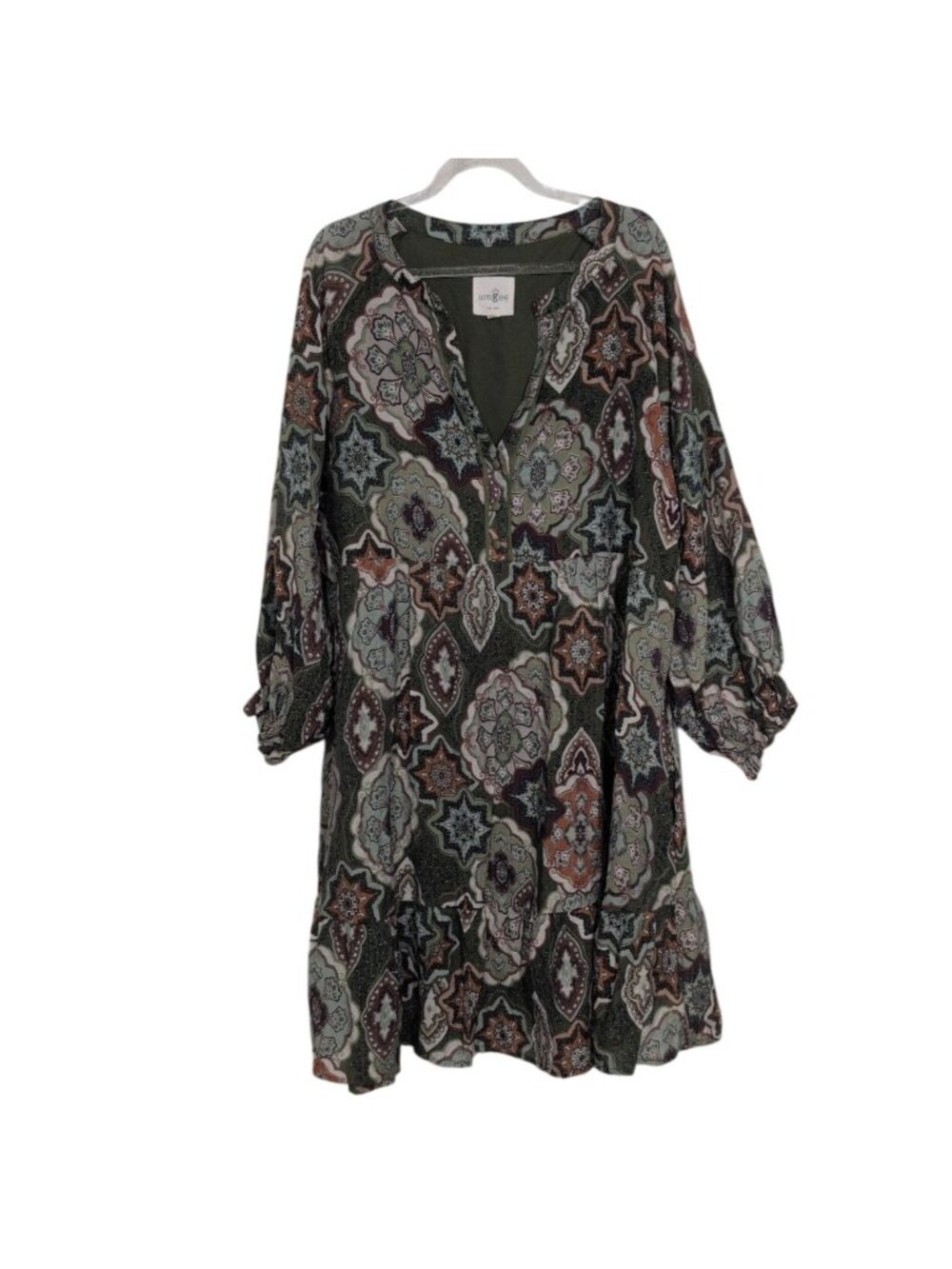Umgee Medallion Dress Womens Plus Size 1XL Boho V Neck Tiered LIned Whimsigoth